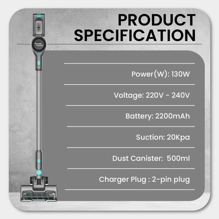 Russell Taylors Cyclone Cordless Vacuum Cleaner V7 (130W, 20kPa Suction, 2200mAh Battery)