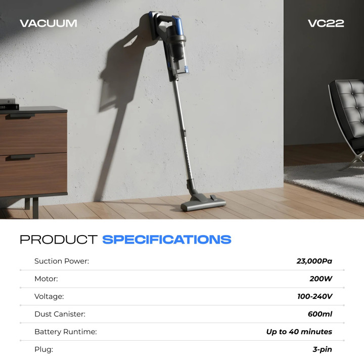 Russell Taylors Cyclone Cordless Vacuum Cleaner VC22 with 200W Motor and 23,000PA Suction