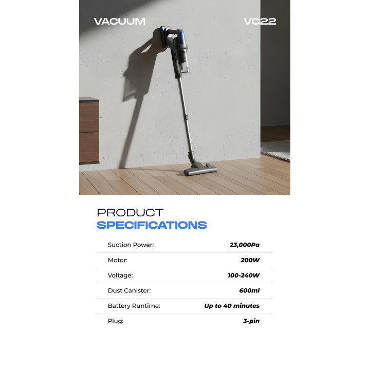 Russell Taylors Cyclone Cordless Vacuum Cleaner VC22 with 200W Motor and 23,000PA Suction