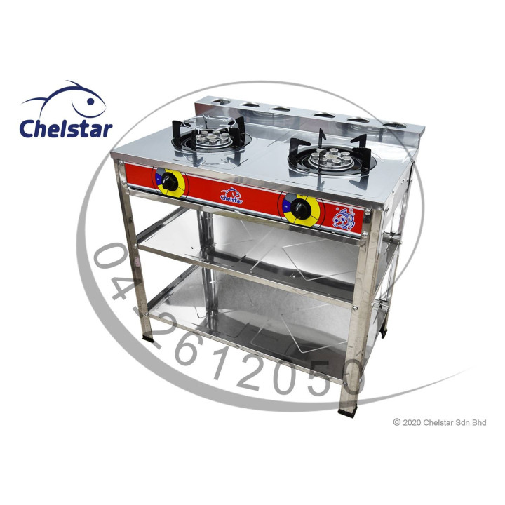 Chelstar DCF-8D Double Burner Stainless Steel Gas Stove with Stand