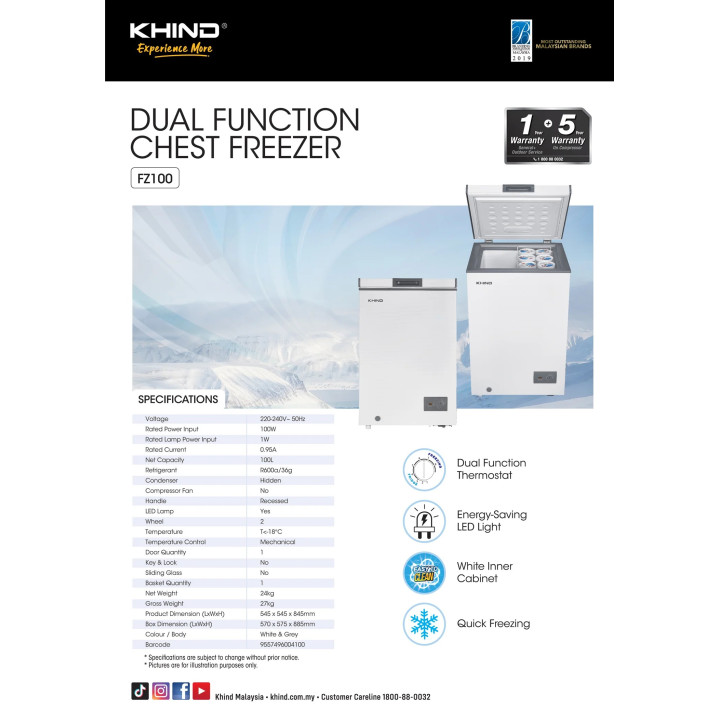 KHIND 100L Chest Freezer FZ100