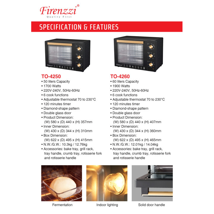 Firenzzi TO-4260 60L 1900W Tabletop Oven with Rotisserie & Convection