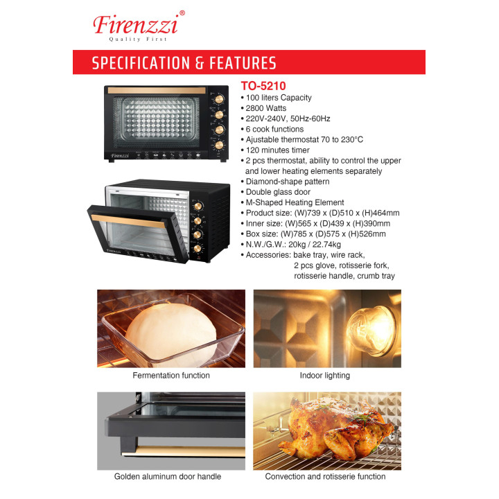 Firenzzi TO-5210 100L 2800W Electric Tabletop Oven