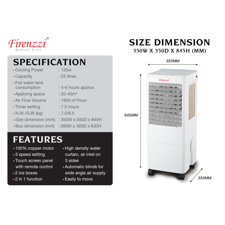 Firenzzi FAC-1250 25L 120W Portable 2-in-1 Air Cooler