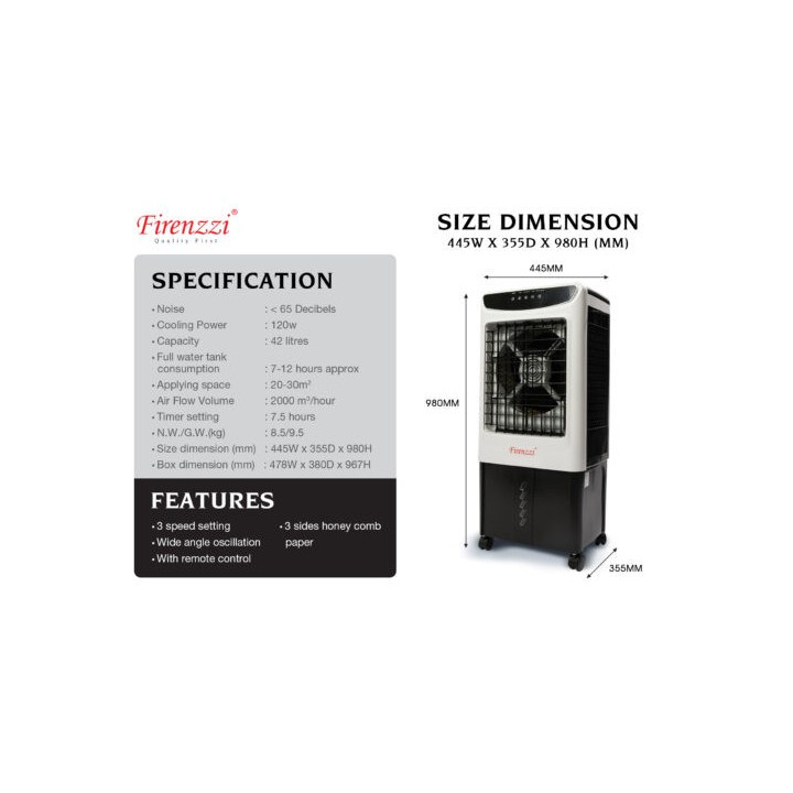 Firenzzi FAC-1620 42L Air Cooler with Remote Control and 3-Speed Setting