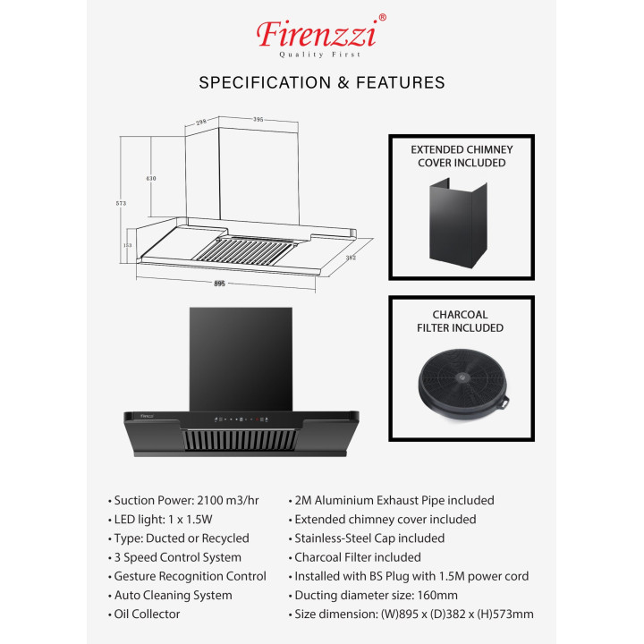 Firenzzi FCH-9163 Intelligent Series 2100 m3/hr Cooker Hood