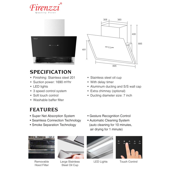FIRENZZI FCH-9788 90CM 1690m³/hr Touch Control Intelligent Series Designer Hood