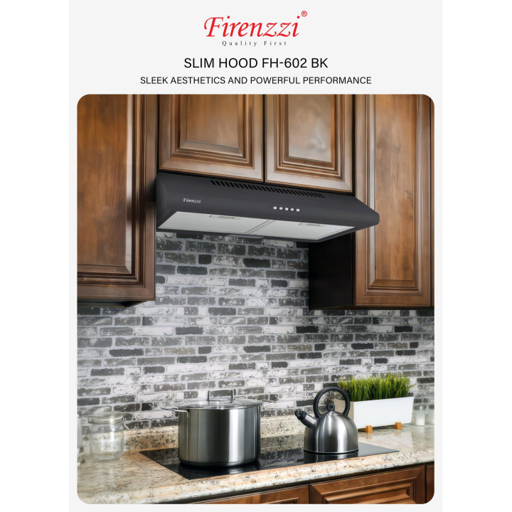Firenzzi FH-602 BK Slim Cooker Hood, 1390 m³/hr Suction, LED Light