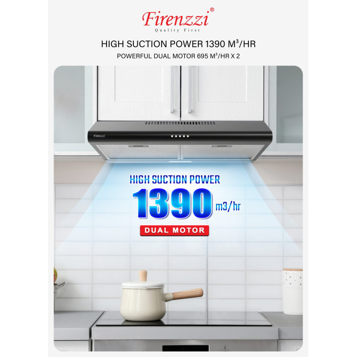 Firenzzi FH-602 BK Slim Cooker Hood, 1390 m³/hr Suction, LED Light
