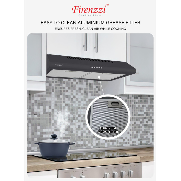 Firenzzi FH-602 BK Slim Cooker Hood, 1390 m³/hr Suction, LED Light