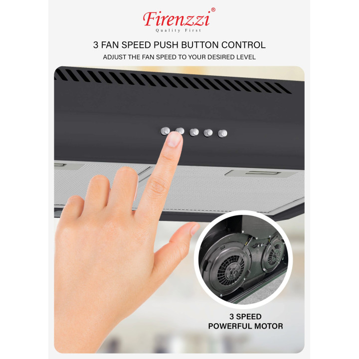 Firenzzi FH-602 BK Slim Cooker Hood, 1390 m³/hr Suction, LED Light