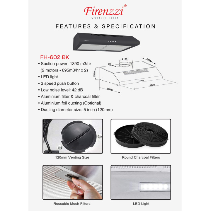 Firenzzi FH-602 BK Slim Cooker Hood, 1390 m³/hr Suction, LED Light