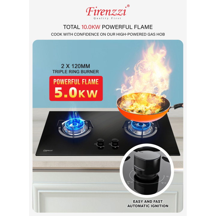 Firenzzi FGH-2129 5.0kW Double Burner Tempered Glass Gas Hob