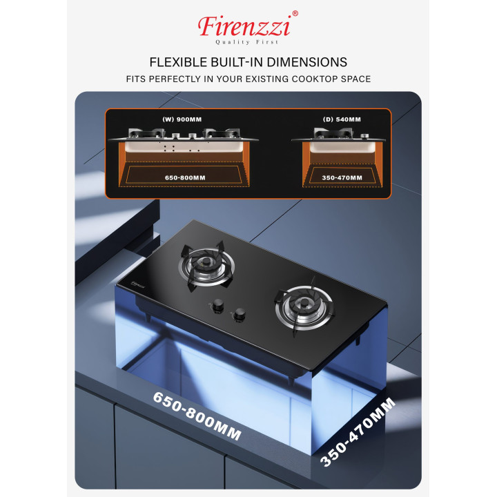Firenzzi FGH-2129 5.0kW Double Burner Tempered Glass Gas Hob