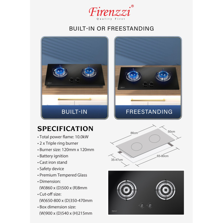 Firenzzi FGH-2129 5.0kW Double Burner Tempered Glass Gas Hob
