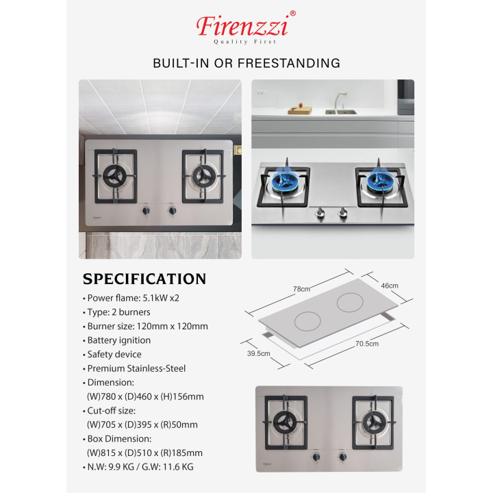 Firenzzi FH-2349 5.1kW Stainless Steel Gas Built-in Hob
