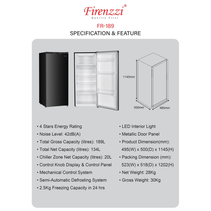 Firenzzi 189L Single Door Refrigerator FR-189