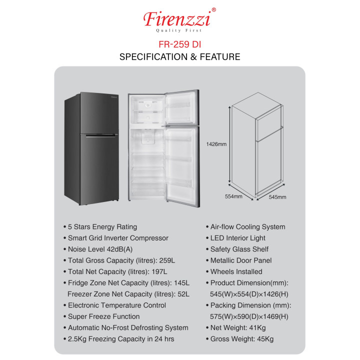 Firenzzi 259L Inverter No-Frost Two Door Refrigerator FR-259