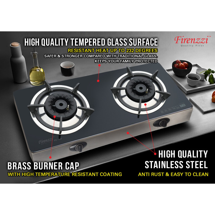 Firenzzi FS-126 2-Burner Tabletop Tempered Glass Gas Stove