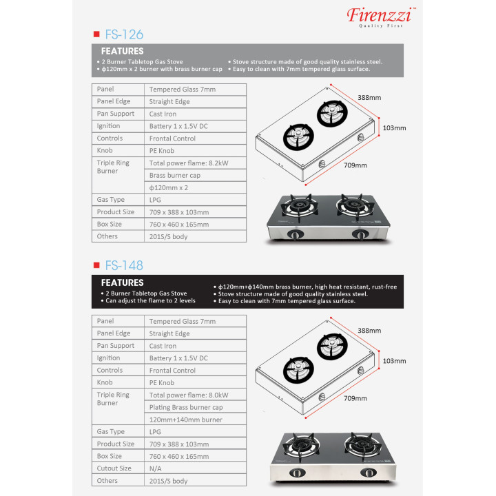 Firenzzi FS-126 2-Burner Tabletop Tempered Glass Gas Stove