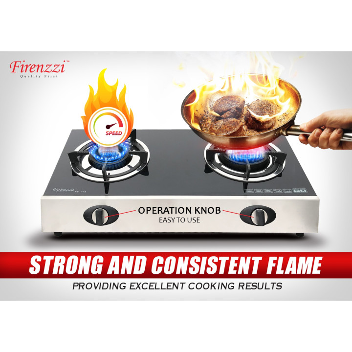 Firenzzi FS-148 9.0kW 2-Burner Tempered Glass Tabletop Gas Stove