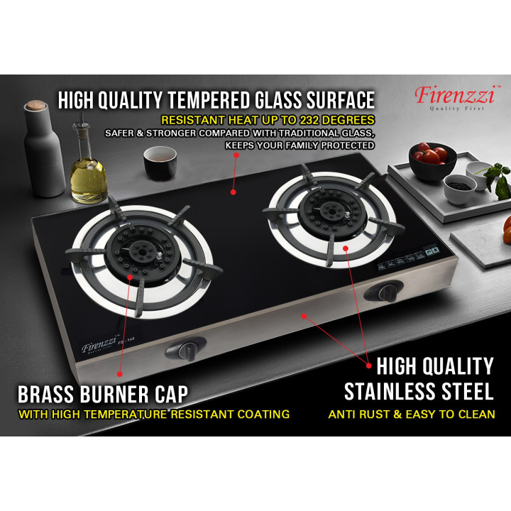 Firenzzi FS-148 9.0kW 2-Burner Tempered Glass Tabletop Gas Stove