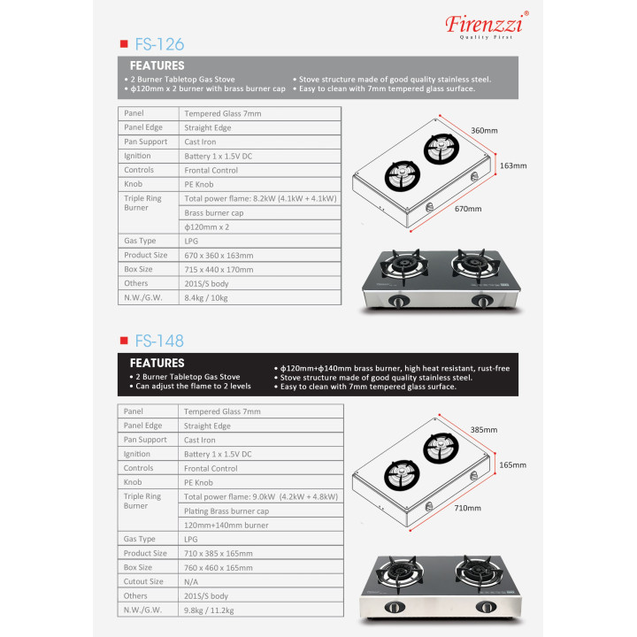 Firenzzi FS-148 9.0kW 2-Burner Tempered Glass Tabletop Gas Stove