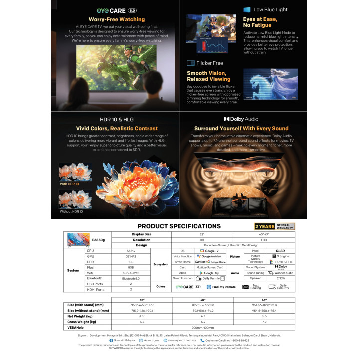 Skyworth 32E6850G 32" HD Google TV