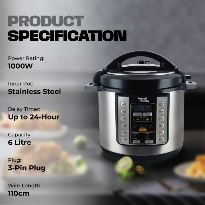 Russell Taylors PC6 Electric Pressure Cooker 6L Stainless Steel Pot 17 Preset Programs