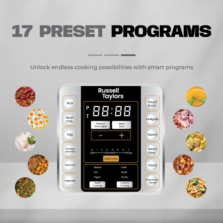 Russell Taylors PC6 Electric Pressure Cooker 6L Stainless Steel Pot 17 Preset Programs