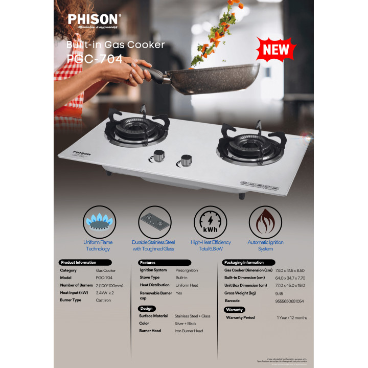 Phison PGC-704 Built-in Stainless Steel Gas Cooker 8.6kW| Macro Store