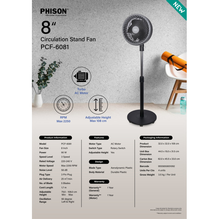 Phison PCF-6081 8-Inch Circulation Stand Fan| Macro Store