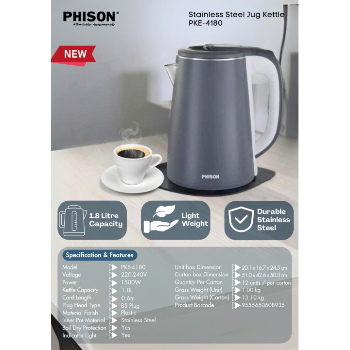 Phison PKE-4180 1.8L 1500W Stainless Steel Electric Jug Kettle| Macro Store