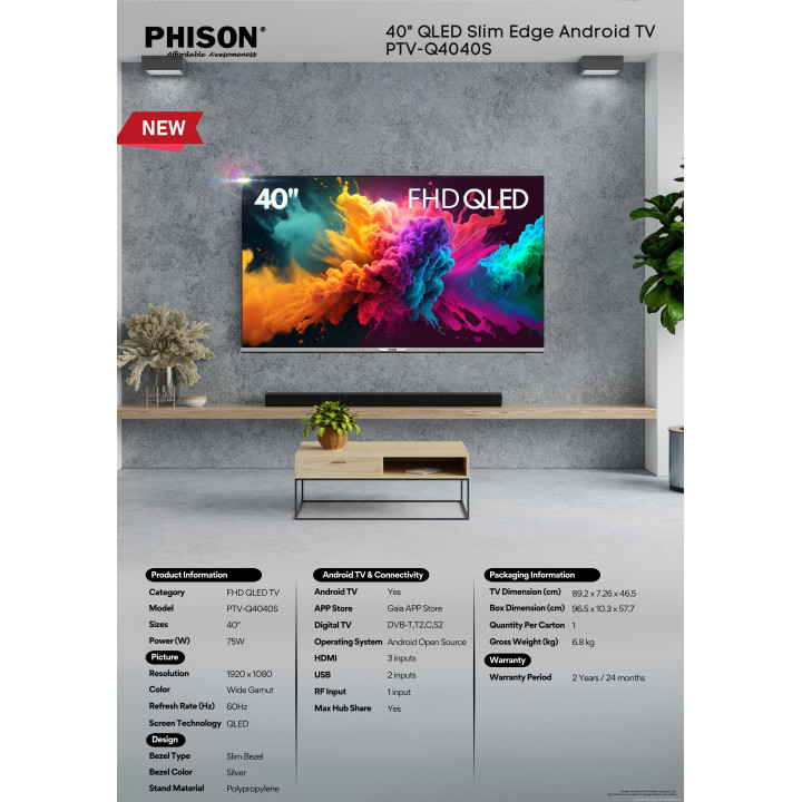 Phison PTV-Q4040S 40" FHD QLED Slim Edge Android TV| Macro Store