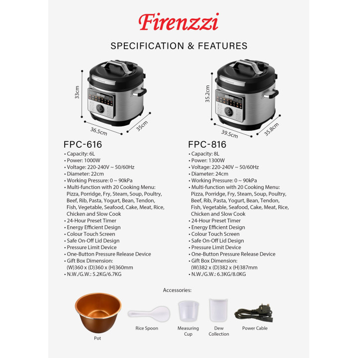 Firenzzi FPC-616 6L Pressure Cooker with Colour Touch Screen| Macro Store