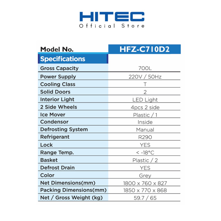 HITEC HFZ-C710D2 700L Dual Cooling Chest Freezer with Lock & Key| Macro Store
